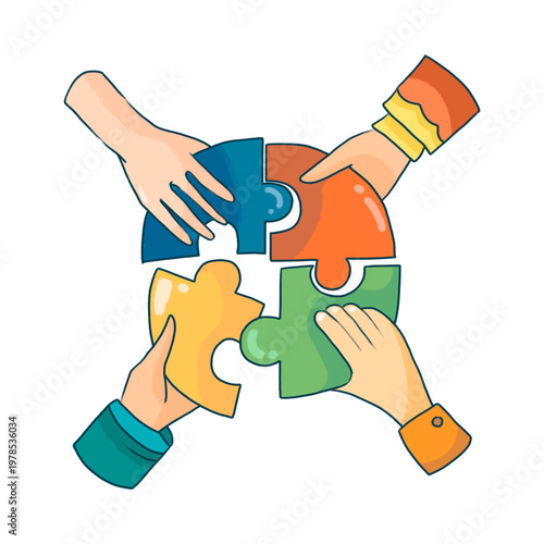 Hands assembling colorful puzzle pieces for teamwork concept