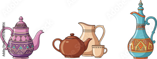 Illustration of Traditional Teapots and Pitchers with Unique Patterns for Cultural and Kitchen Design