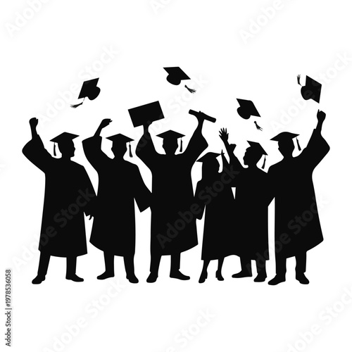 Silhouette of happy graduates throwing caps in the air