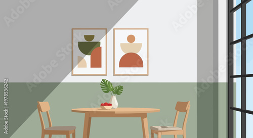 A minimalist dining room features two framed abstract artworks above a small wooden table with fruit