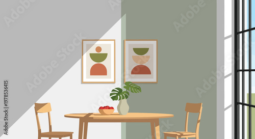 A minimalist interior scene featuring two framed abstract artworks a round table and chairs