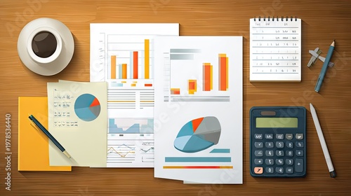 Business and finance concept with charts calculator and coffee on a wood table