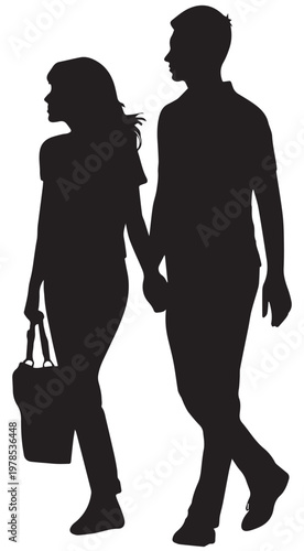 Silhouette of a young couple holding hands and walking together, carrying a bag