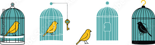 Illustration of Birds in Cages with Various Styles and Key Elements for Freedom and Captivity Themes
