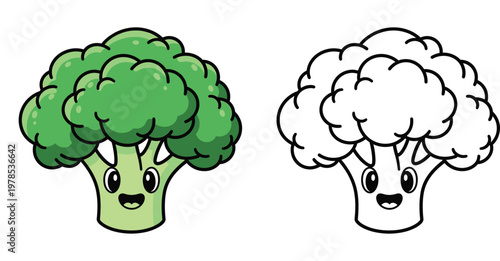 Cute Cartoon Broccoli Character Set with Coloring Page Illustration for Kids Healthy Food Theme