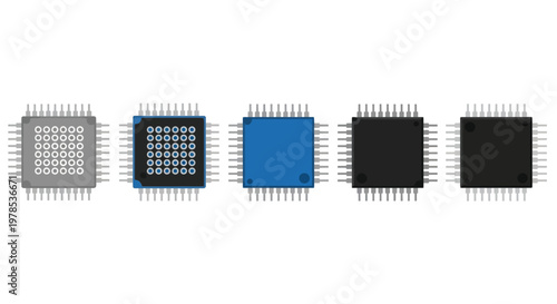 An illustration displaying a variety of integrated circuits or microchips in a linear arrangement