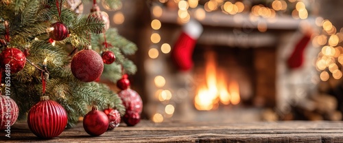 Christmas tree decorated with ornaments near fireplace festive background