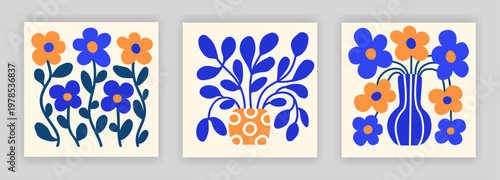 Abstract hand drawn simple leaves and flowers in the vase compositions of blue, orange colors. Contemporary art interior square poster naive style drawing design. EPS 10 vector illustration.
