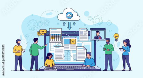 Team collaborating on cloud computing and digital content management.