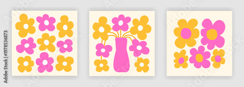 Abstract hand-drawn simple daisy flower compositions of yellow and pink colors. Naive style drawing modern art interior square posters. EPS 10 vector backgrounds.