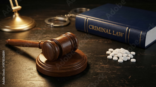 Drug crime and criminal law concept with judge gavel, handcuffs, illegal pills and law book on desk. 