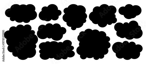 Set of abstract black cloud silhouettes for text, rounded shapes, soft smoke cloud icons, vector bubble shapes, dark cloud overlays, obscure mask elements, hidden block shapes collection