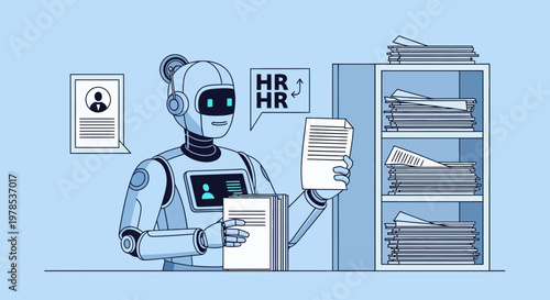 Robot assistant organizing and managing human resources documents in office environment.