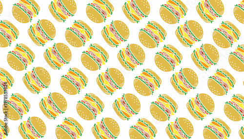Burger Seamless Pattern. Hand Drawn Fast Food Illustration. Cheeseburger Repeating Background. Minimal Doodle Vector Texture.