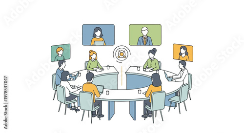 Business meeting with virtual collaboration and remote team communication.