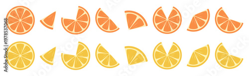 Flat vector illustration pack of different orange and lemon pieces. Fresh juicy citrus elements isolated on white background, perfect for food design, menus and summer themes.