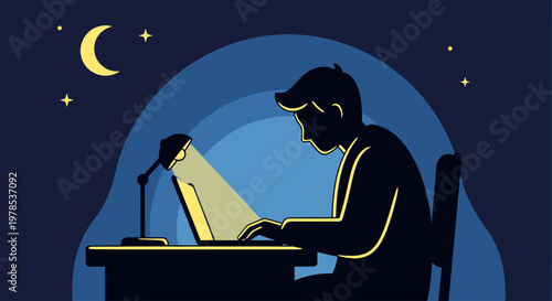 Young man studying late at night with focused concentration under moonlight.