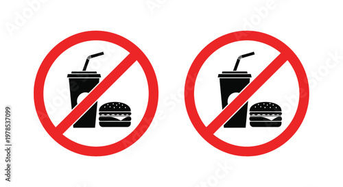 Two prohibition signs displaying a soda and a burger indicating food and drink are not allowed