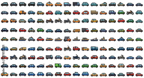 Collection of various vehicles and cars in different colors.