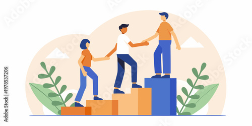 Teamwork and support people ascending steps towards a common goal