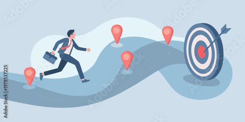 Business professional running towards a target on a winding path