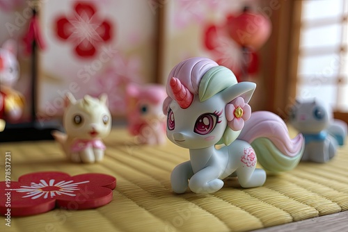 Colorful unicorn figure with other toys on a patterned mat indoors