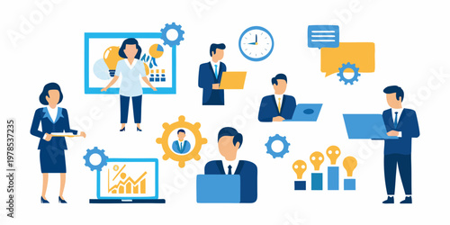 Business professionals collaborating presenting ideas and analyzing data in office