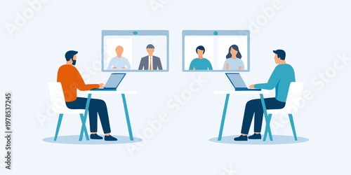 People participating in a virtual meeting using laptops and video conferencing