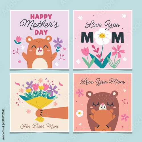 Four illustrated mother s day cards with floral and bear designs