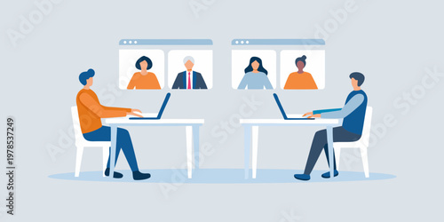 People connecting in a virtual meeting using laptops and video conferencing