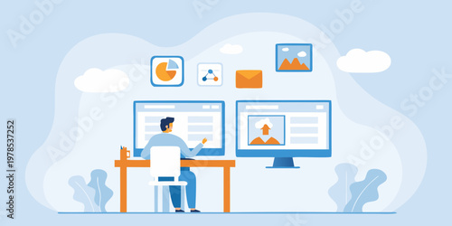 Man working with multiple screens displaying digital content and design