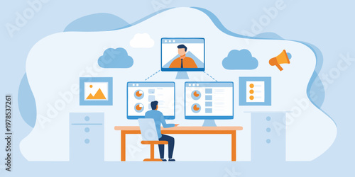 Man participating in a virtual meeting with data visualizations displayed