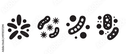 Microbe and Bacteria Icons Set. on White, Representing Cells, Germs, and Scientific Concepts.