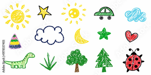 Colorful childlike drawings of suns stars and various whimsical objects