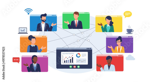 Illustration of a virtual business meeting with multiple participants connected online.