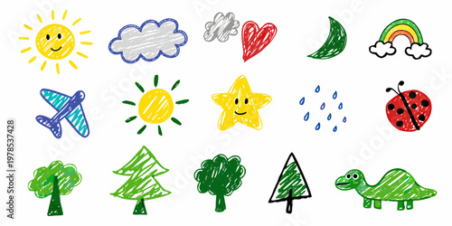 Colorful childlike drawings depict weather nature and whimsical elements