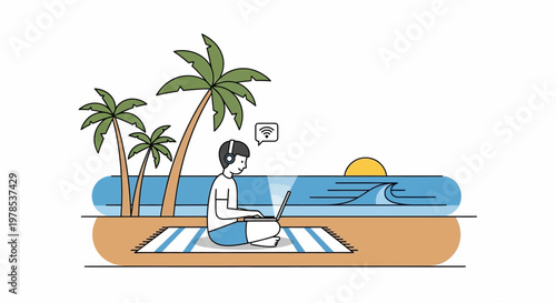 Person meditating on a beach during sunset with palm trees and calm ocean waves.