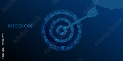 A dartboard with a dart hitting the bullseye accompanied by the word mission