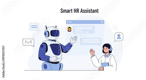 Illustration of a smart HR assistant robot interacting with a human employee in a digital workspace.