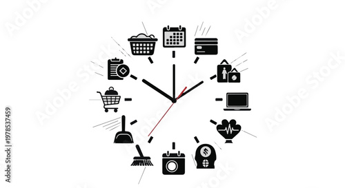 Clock with ecommerce and productivity icons around it