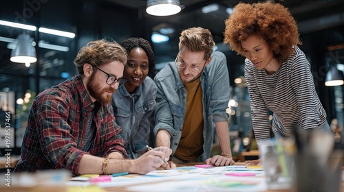 Diverse group collaborating over paperwork under artificial lighting