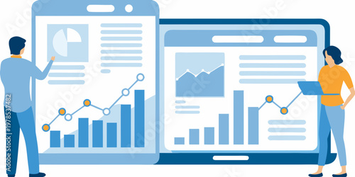 Data analysis and visualization displayed on large smartphone and laptop