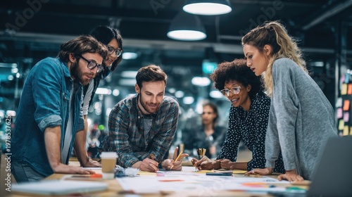 Diverse group of colleagues collaborating on a project in a modern office setting