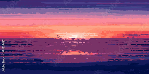 Vibrant sunset over the ocean with silhouetted land and reflected light