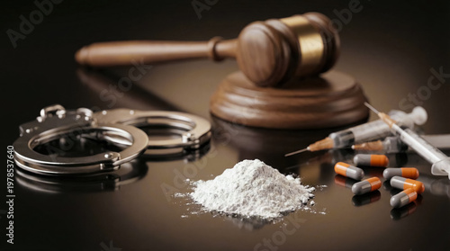 Judge gavel with handcuffs, white powder, syringes and pills, drug crime prosecution and narcotics law enforcement concept. 