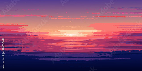 Vibrant sunset over water with stylized pixelated aesthetic