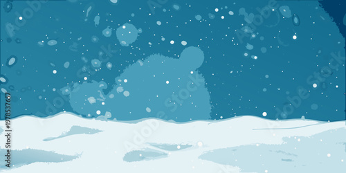 A polar bear stands amidst a snowy landscape with falling snowflakes