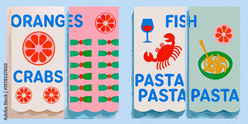Fototapeta premium Colorful boxes display oranges fish crabs and pasta with playful designs