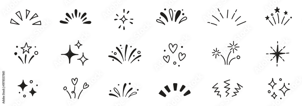 Fototapeta premium Liner icon ray confetti element set. Starburst line art with hand drawn glitter spark pop icon shapes and surprise emphasis elements. Decorative sketch style for a sunshine ray vector illustration