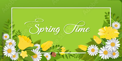 A vibrant spring time graphic with flowers ladybug and decorative text